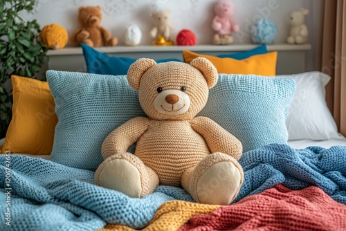 Cozy bear sitting on a bed surrounded by colorful knitted pillows and a warm ...