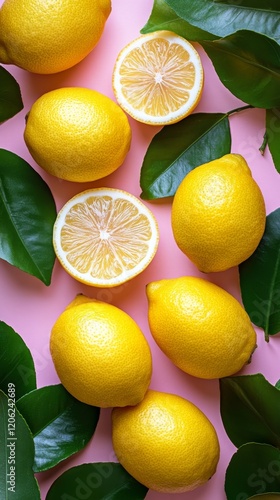 Bright yellow lemons surrounded by green leaves on pink background with a hal...