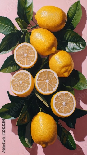 Bright yellow lemons surrounded by green leaves on pink background with a hal...