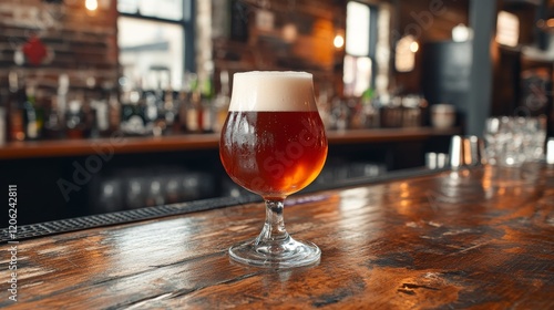 A glass of rich amber beer with a frothy head is placed on a wooden bar counter, set against a blurred background of a lively bar ambiance, emphasizing craft beer enjoyment. photo