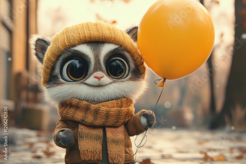 Cute panda character holding a balloon in a snowy, cheerful setting during wi...