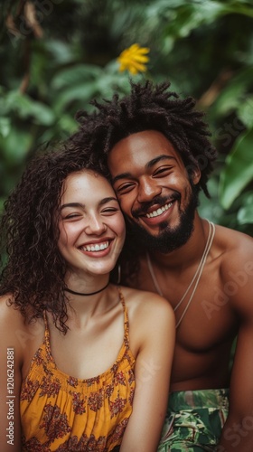 Couple enjoying a joyful moment in a lush garden during a sunny afternoon