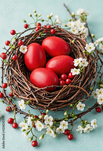 Red Easter eggs in a twig nest surrounded by white blossoms and red berries on a light turquoise background. Spring holiday and Easter celebration concept. For Design, Cover, Poster, Banner.