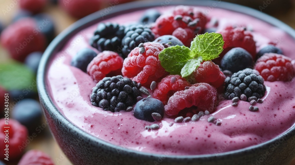 A vibrant bowl of creamy yogurt topped with assorted berries including raspberries, blackberries, and blueberries, highlighted with a sprig of fresh mint leaves and chia seeds. A vibrant bowl of creamy yogurt topped with assorted berries including raspberries, blackberries, and blueberries, highlighted with a sprig of fresh mint leaves and chia seeds.