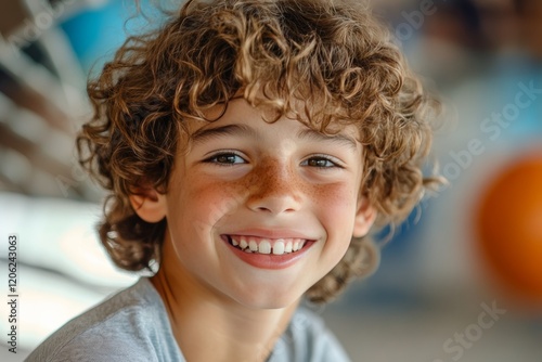 Young boy with curly hair smiles joyfully during a fun activity in a bright i...