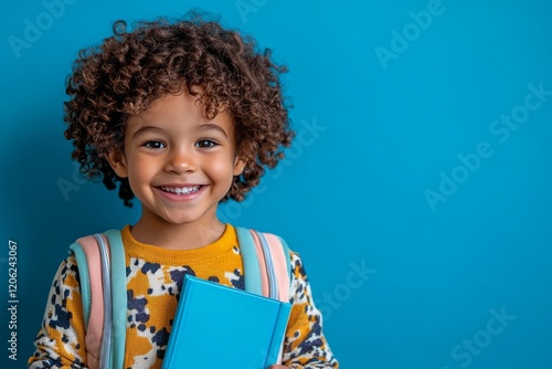 Happy young boy with curly hair smiles while holding a blue book against a br...