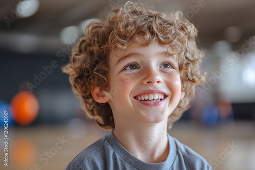 Young boy with curly hair smiles joyfully during a fun activity in a bright i...