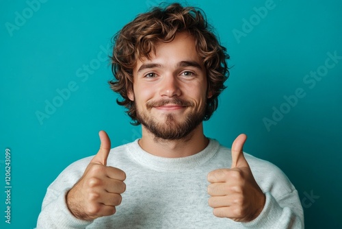 Young man with curly hair and beard gives thumbs up against bright blue backg...