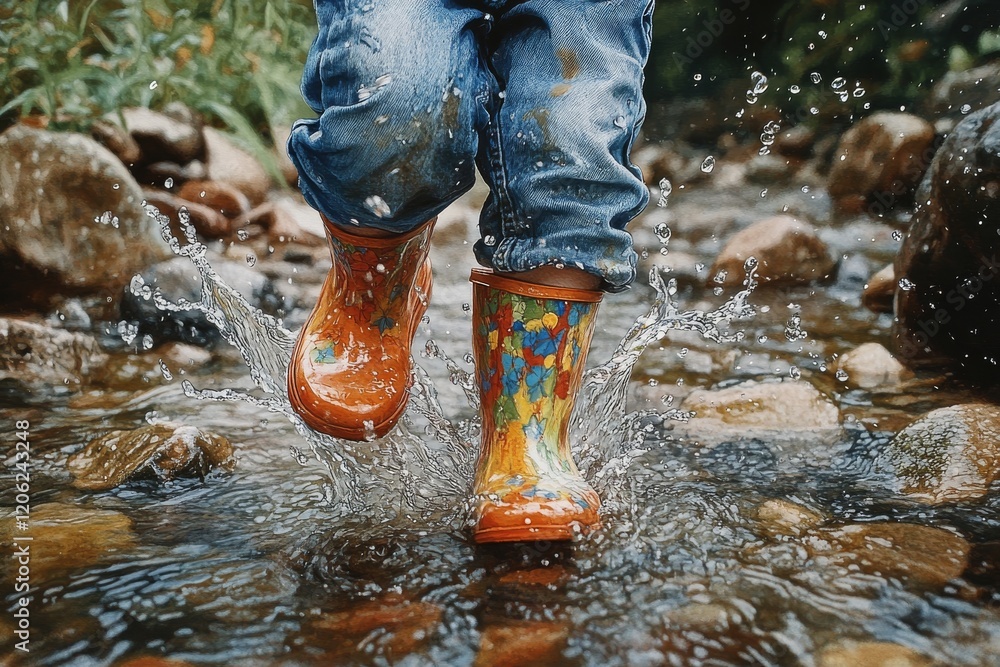 Colorful rain boots splashing in a shiny creek on a sunny day Colorful rain boots splashing in a shiny creek on a sunny day
