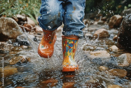 Colorful rain boots splashing in a shiny creek on a sunny day
