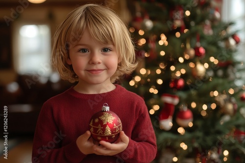 Child holding a Christmas ornament with decorated tree in the background duri...