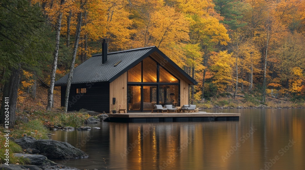 A picturesque wooden cabin is nestled by a tranquil lake, surrounded by vibrant autumn trees. This serene setting evokes peace and natural beauty in the wilderness. A picturesque wooden cabin is nestled by a tranquil lake, surrounded by vibrant autumn trees. This serene setting evokes peace and natural beauty in the wilderness.