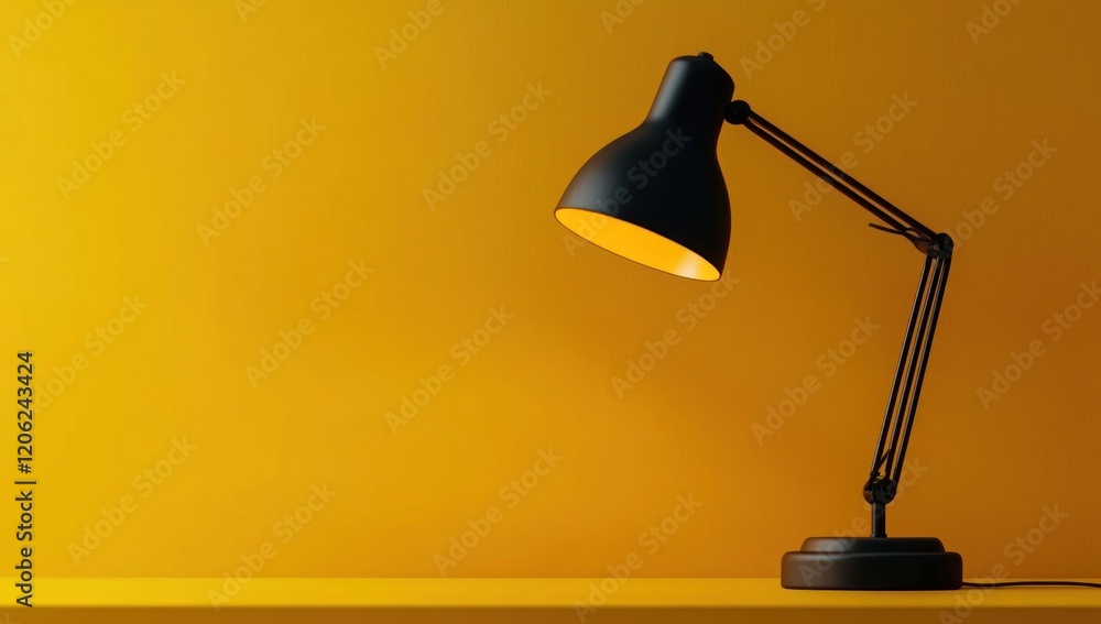 Illuminated Ideas: A Black Desk Lamp Against a Vibrant Yellow Background Illuminated Ideas: A Black Desk Lamp Against a Vibrant Yellow Background