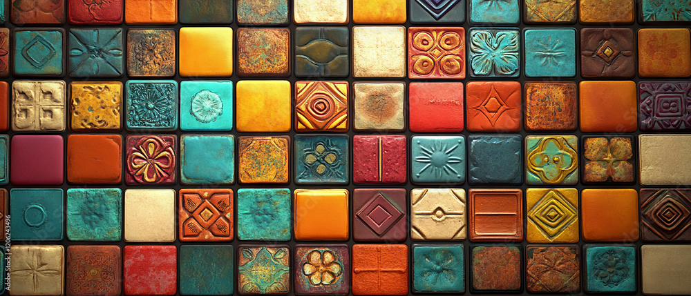 Brightly colored tiles with varied patterns create a vibrant and engaging visual texture Brightly colored tiles with varied patterns create a vibrant and engaging visual texture