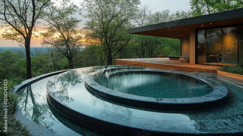 Modern infinity pool with scenic view at sunset surrounded by lush greenery