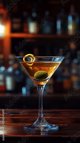 Classic cocktail with lemon twist and olive served in a dimly lit bar