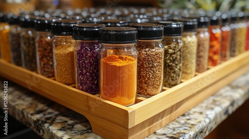 Colorful spices arranged in glass jars on a wooden shelf in a market setting