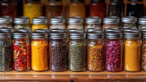 Colorful spices arranged in glass jars on a wooden shelf in a market setting