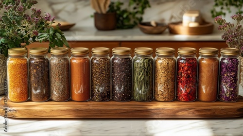 Colorful spices arranged in glass jars on a wooden shelf in a market setting