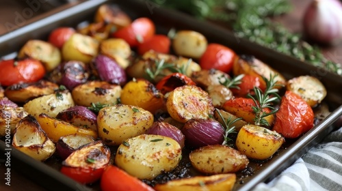 Colorful roasted vegetables with herbs served in a metal tray on a marble cou...