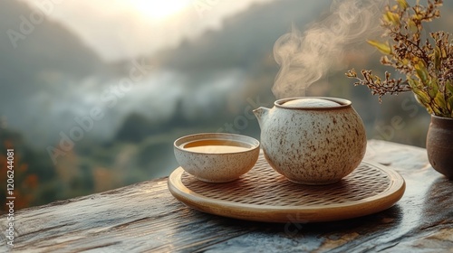 Steaming teapot and cup on a wooden table overlooking a serene landscape at s...