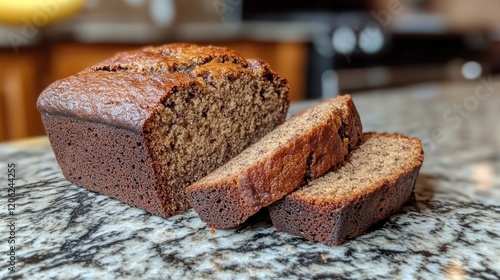 Freshly baked banana bread displayed on a kitchen counter with sliced pieces ...