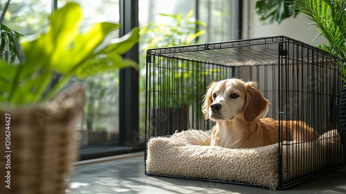 Dog relaxing on a soft bed inside a cozy crate surrounded by indoor plants du...