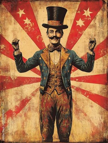 Vintage circus style poster with a ring master in a top hat