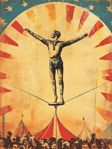 Vintage circus style poster with a tightrope walker