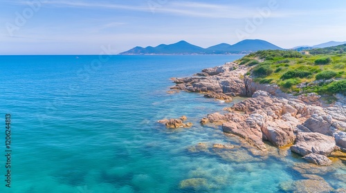 Stunning turquoise water gently laps rocky coast vibrant summer light. AI Generated photo