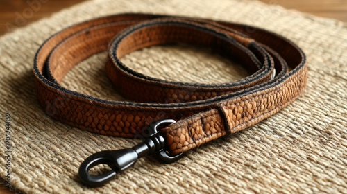 Stylish leather leash resting on a woven mat, showcasing craftsmanship and at...