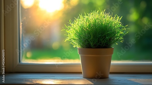 Green plant on wooden windowsill with soft sunlight in a cozy indoor setting