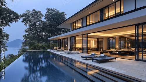 Luxurious oceanfront villa with infinity pool at sunset in a tropical paradise