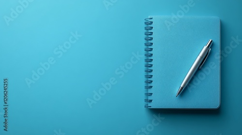 Bright blue notebook and silver pen on a blue background for creative writing...