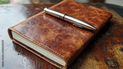 Bright blue notebook and silver pen on a blue background for creative writing...