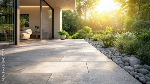 Sunlight illuminating a stone pathway lined with vibrant greenery in a serene...