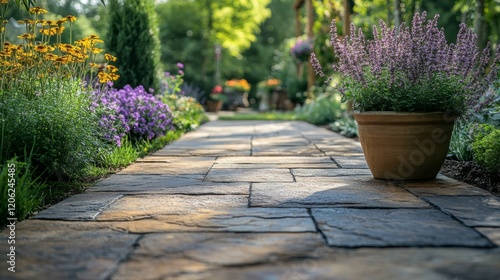 Sunlight illuminating a stone pathway lined with vibrant greenery in a serene...