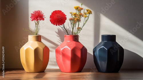 Colorful ceramic vases arranged neatly on a wooden table in a bright indoor s...