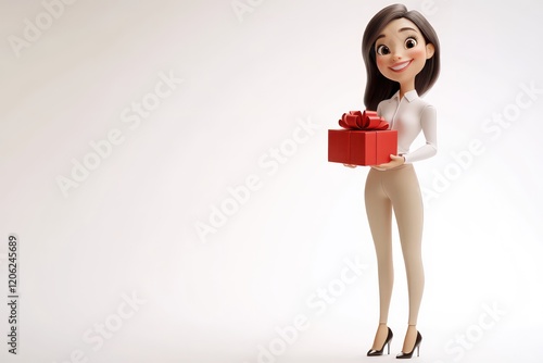 30-year-old Chinese professional woman, 3D character design Cartoon style holding an open red gift box, smiling and standing on the right