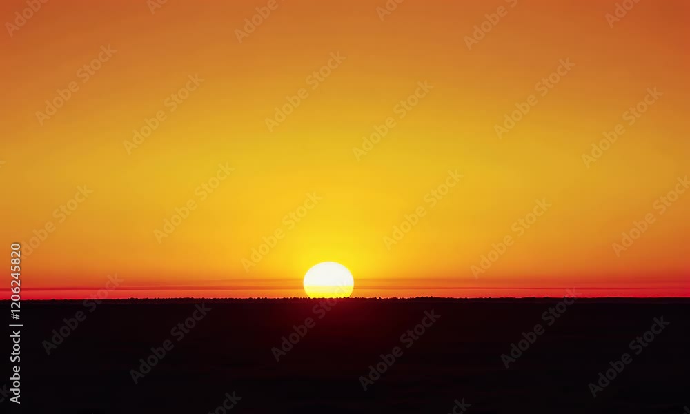 Serene sunset over a tranquil landscape, casting warm orange hues across the horizon with silhouettes of distant trees Serene sunset over a tranquil landscape, casting warm orange hues across the horizon with silhouettes of distant trees