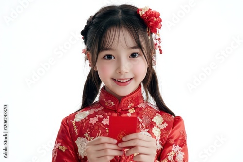 A 10-year-old Chinese girl kid wearing a traditional red Chinese New Year outfit, holding a red envelope (angpao) in her hands, and smile