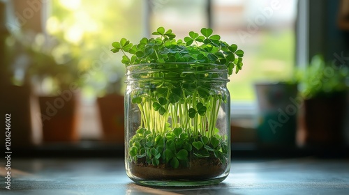 Fresh greens in a glass jar on a dark kitchen countertop in morning light