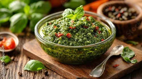 Fresh basil pesto with ripe tomatoes and spices on a dark background