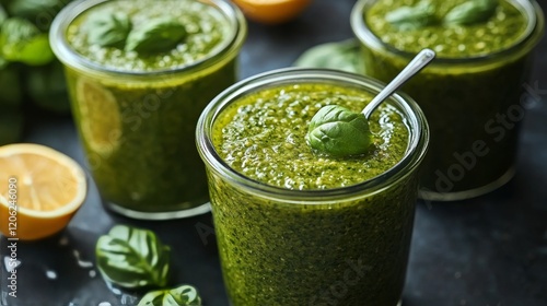 Fresh basil pesto with ripe tomatoes and spices on a dark background
