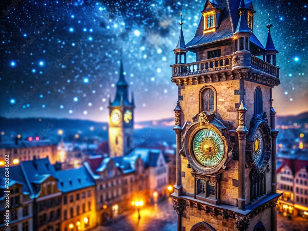 Fototapeta premium Miniature Astronomical Clock Tower, Tilt-Shift Cityscape, Starry Night