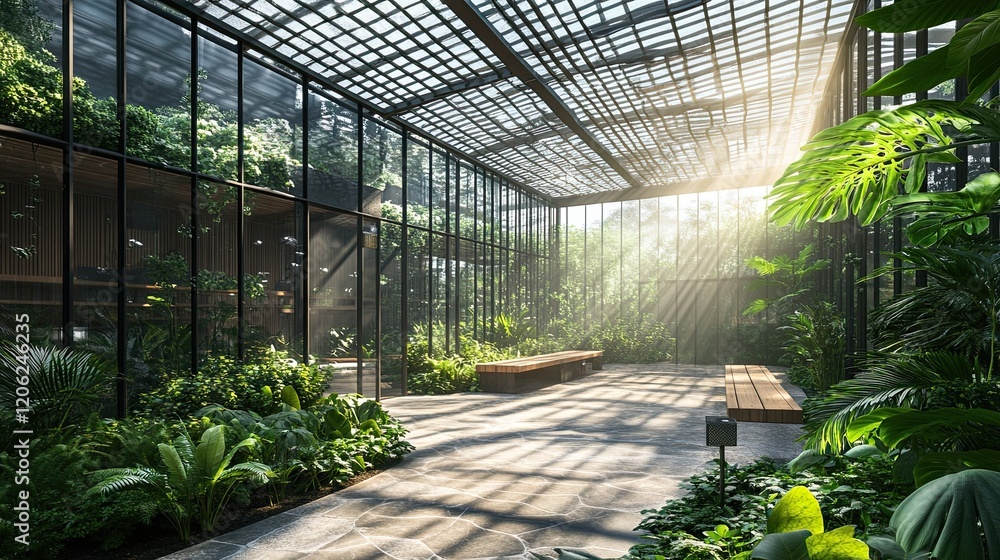 A modern greenhouse-themed open-plan area with glass walls A modern greenhouse-themed open-plan area with glass walls