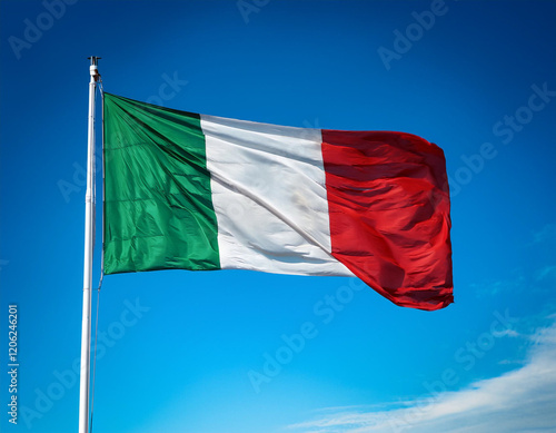 Obraz na plátně Italian flag's green, white, and red displayed proudly against a blue sky, symbolizing cultural richness