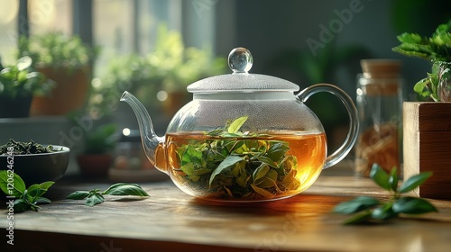 Relaxing afternoon with herbal tea in a cozy kitchen surrounded by greenery