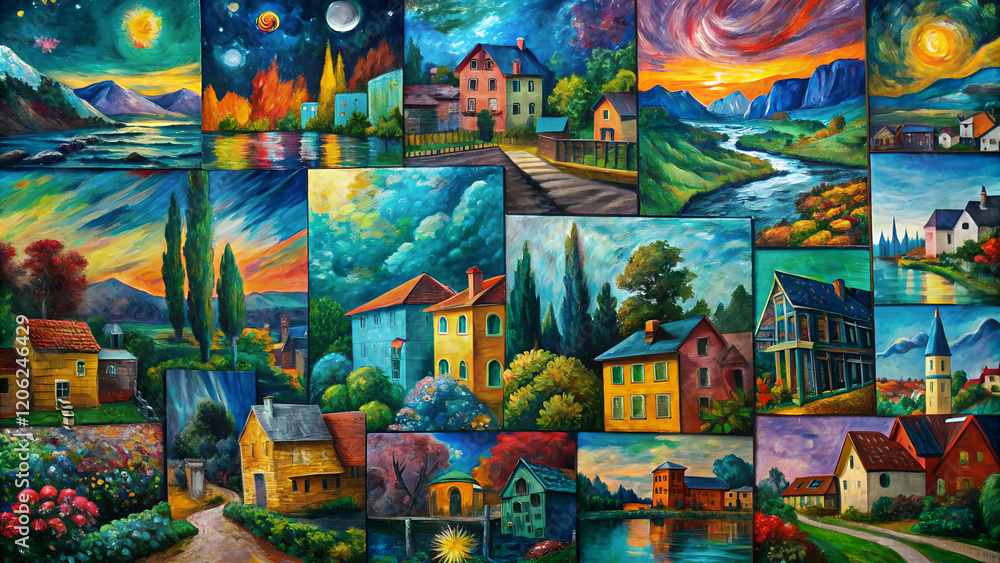 Fototapeta premium Vibrant collage of post-impressionist landscapes showcasing idyllic homes and serene natural scenes with colorful skies and rich vegetation