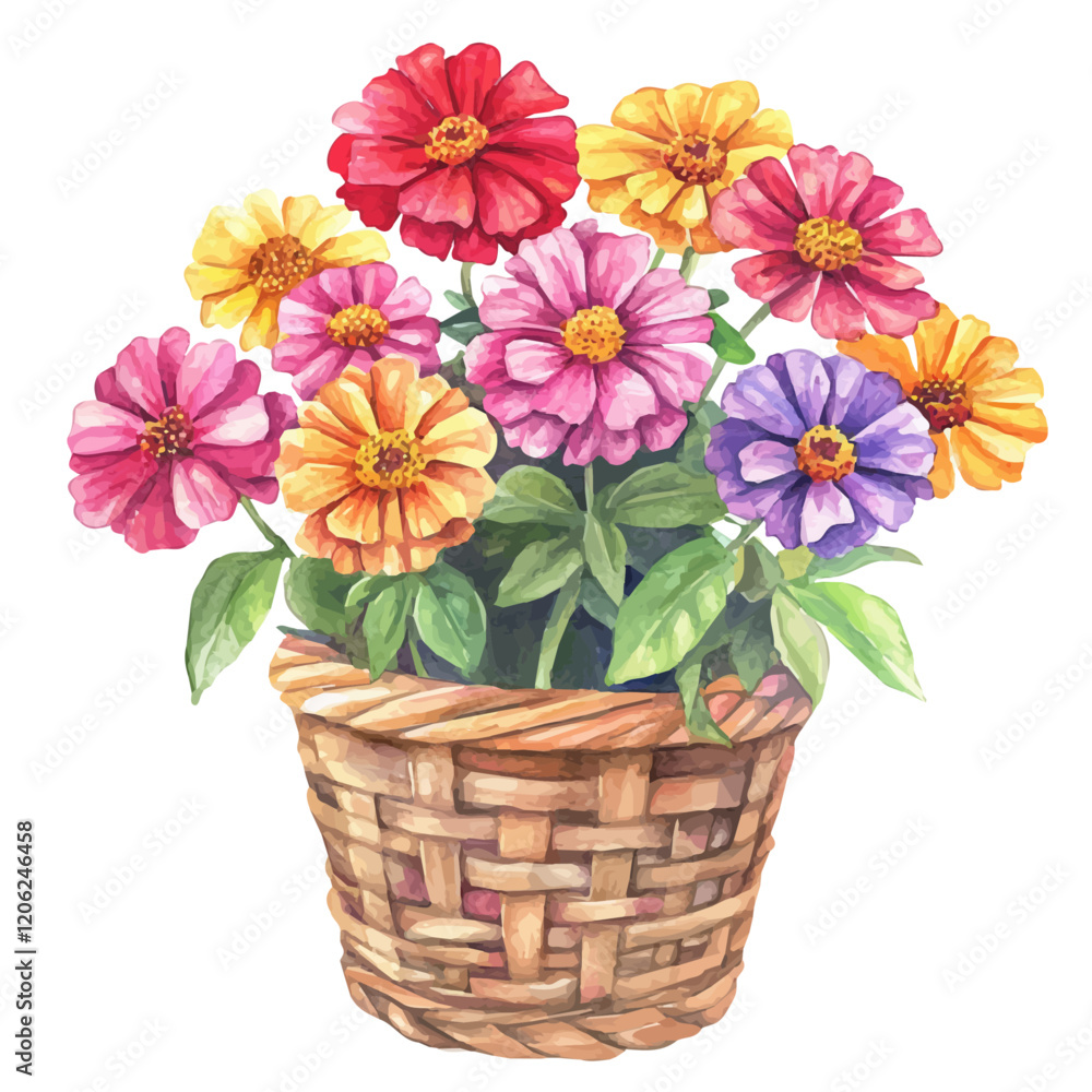 A watercolor drawing of a zinnia bouquet in a basket, isolated on a white background. Zinnia bouquet in a basket vector.
A watercolor drawing of a zinnia bouquet in a basket, isolated on a white background. Zinnia bouquet in a basket vector.